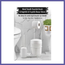 Bezos Metal Standlı Yuvarlak Kovalı & Kağıtlıklı & Fırçalıklı Beyaz Banyo Takımı Nıda