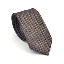 Gaffy Mavi Nokta Desenli Kahverengi Dokuma Kumaş Mendilli Slim Fit Kravat // Sdk-2510-5 Kahverengi