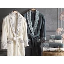 Dantela Premium Cotton Jakarlı Aile Bornoz Seti-Mery Krem Petrol Petrol - Krem