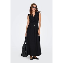 Only Kadın Onlgoa Kruvaze Yaka Beli Lastikli Keten Maxi Elbise 15363694 Siyah
