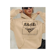 Herkesemoda Free Spırıt Yazı Detaylı Kapüşonlu Sweatshırt Bej Bej
