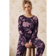 Siyah İnci Mor Desenli Viskon Örme Pijama Takım 26224680
