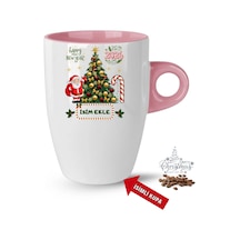 Yılbaşı Hediyesi Christmas Çam Ağacı İsimli Baskılı Porselen Latte Kupa Bardak Pembe Pembe