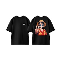 Thewert Monkey D Luffy Drawing Tasarım Sırt Baskılı Pamuk Siyah Oversize T-shirt