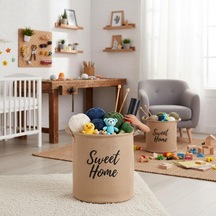 "sweet Home" Yuvarlak Jüt Düzenleyici Sepet Çap 32cm, Yükseklik 36cm Krem Renk Katlanabilir Kumaş Kulplu Organizer Büyük Boy, Çamaşır, Battaniye Ve Ev Tekstili Sepeti Çok Renkli