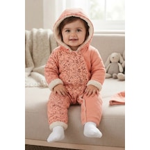 Tuffy Kids Somon Çiçek Desenli Kapüşonlu Kız Bebek Tulum Somon-ekru