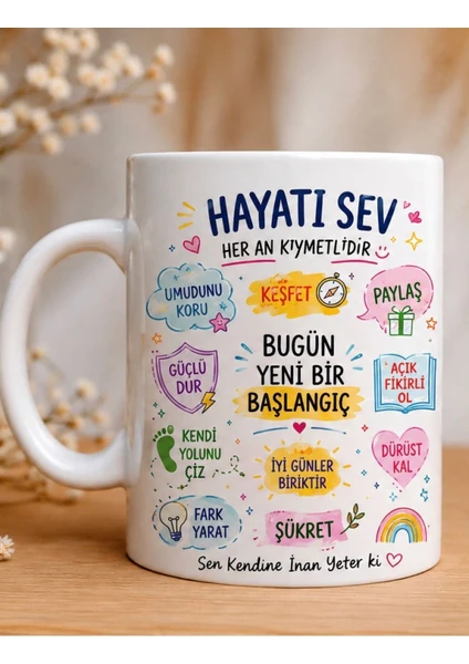 Hayatı Sev Motivasyon Serisi Renkli Tasarım Kupa Bardak 300 Ml Beyaz