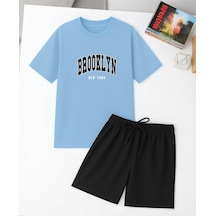 Uyguntarz Unisex Brooklyn Baskılı Tasarım Şort Takım Bebe Mavi