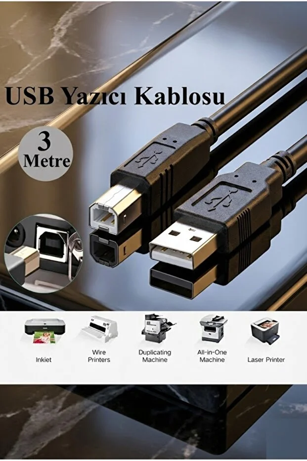 3 Metre 3mt Yazıcı Kablosu Printer Usb Bağlantı Bağlama Network Lazer Hp Canon Brother Uyumlu Ara Kablo