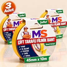 3 Adet Çift Taraflı Filmik Şeffaf Bant 45 Mm X 10 Metre Yapışkanlı Hobi Bandı El Çok Amaçlı Bantları