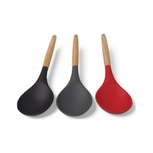 Bambu Saplı Silikon Servis Kaşığı, Bambu Uzun Silikon Servi Kaşığı 28cm 3 Renk Seçenekli, Yemeklerinizi Servis Etmek İçin Silikon Servis Kaşığı Kırmızı