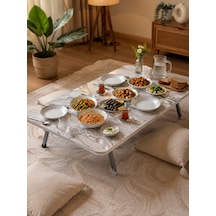 Dikdörtgen Beyaz Mermer Desenli Katlanabilir 70x120 Yer Sofrası - Oyun Masası - Hamur Açma Sehpası 21 Cm Yükseklik Ebat Seçiniz