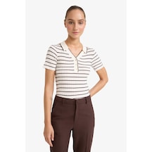 Defacto Fitted Polo Yaka Çizgili Kısa Kollu Triko Kazak G0471ax25auer105 Ekru