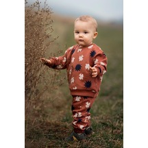 Antebies Organik Gots Sertifikalı Gün Batımı Kuş & Güneş Desenli, Uzun Kollu, Ribanalı Sweatshirt, Bel Lastikli Bağcıklı Pantolonlu Bebek Takımı Turuncu