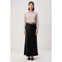 Benerly Kadın İnce Askılı Crop Top Saten Etek Takımı Kemer Detaylı Midi B Siyah