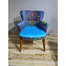 Azra Mobilya Ahşap Berjer Nubuk Kumaş Ahşap Ceviz Ayak Geniş Oturum Ahşap Ayaklı Sandalye Koltuk Etnik Desen Turkuaz