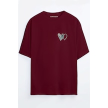 İkili Kalp Baskılı Bordo - Mavi Oversize T-shirt Bordo