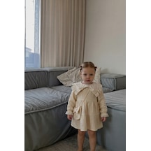 Magu Kız Bebek Pamuklu Bej Fisto Yaka Elbise Uzun Kollu, Katlı Model