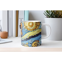 Van Gogh Tarzı Sanatsal Kahve Ve Çay Kupası - Yıldızlı Kedi Desenli Kupa Bardak Sanatsal Hediye Beyaz