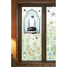 MSticker Hoşgeldin Ramazan Cam Duvar Sticker - Kabe Kuşlar Ve Fener Figürlü Duvar Cam Sticker
