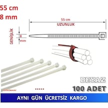 100 Adet 55Cm X 8Mm Plastik Kelepçe Beyaz-Saydam Kablo Bağı