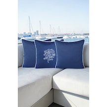 Kırlent Kılıfı 45x45 3'lü Set Marin Nakışlı Yosun Desen Su İtici Outdoor Keten Tekne Bahçe Lacivert
