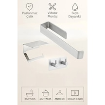 3'lü Set Paslanmaz Çelik Yapışkanlı Havlu Askılığı, Tuvalet Kağıtlığı Ve 2'li Askılık Yapışkanlı 2 Metal