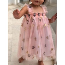 Yıldız Payetli Somonumsu Pembe Askılı Kız Çocuk Doğumgünü Elbisesi Açık Pembe