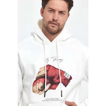 Barlashive Erkek 3 İplik Pamuklu Kapüşonlu Cepli Box Eldiven Baskılı Hoodie Sweatshirt - Beyaz Çok Renkli