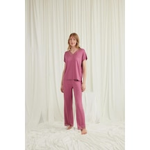 Monamise Kadın Kısa Kollu V Yakalı Dantelli Pijama Takımı 18579 - Gül Kurusu Gülkurusu