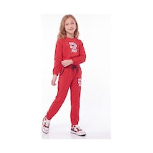 Panios Kids Kız Çocuk Bisiklet Yaka Kısa Kesim Baskılı Çift Cepli Eşofman Takımı Kırmızı