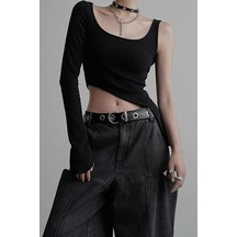 Siyah Kare Yaka Tek Gotik Y2k Kollu Crop-18346 Siyah