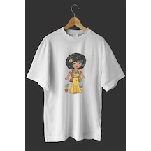 Noıssey -wed Hippi Kız 2 Tasarım Baskılı Oversize T-shirt Tişört Beyaz