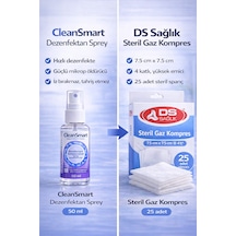 Ds Sağlık Sterilgaz Kompres 7,5 7,5 Cm 25 Adet + Cleansmart 50 Ml Dezenfektan Sprey Yara Bakım Seti