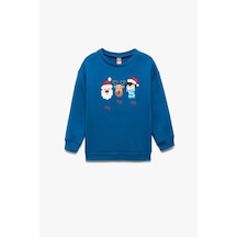 Koton Erkek Bebek Bisiklet Yaka Uzun Kollu Pamuklu Yılbaşı Baskılı Sweatshirt Mavi