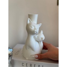 Plastik Yapay Çiçeklerle Uyumlu Kedi Figürlü Şık Ve Sevimli Dekoratif Vazo Beyaz