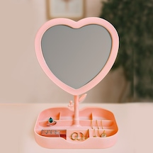 Led Işıklı Pembe Kalp Organizer Makyaj Aynası Dokunmatik Işıklı Takı Ve Kozmetik Standı Beyaz