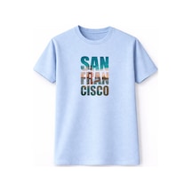 Unisex Tişört San Francisco Baskılı Oversize %100 Pamuk Bisiklet Yaka T-shirt Yazlık Günlük Mavi