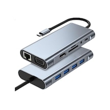11 İn 1 Type-c To Usb Hub Hdmı 4k ,audio/, Type-c/, 4x Usb 3.0/, Lan/, Vga/, Sd Card Reader Çevirici Hub 10 Port Adaptör Dönüştürücü Çoklayıcı