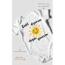 Morivokids Evet Diyorum Doğdu Güneşim Kısa Kollu Bebek Body %100 Pamuk Beyaz