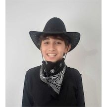 Uniquetrenders Çocuk 8 - 14 Yaş Süet Kovboy Şapkası Siyah Bandana Siyah