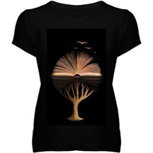 Siyah V Yaka Ağaç Anlamlı Kadın V Yaka Tişört