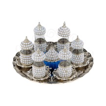 Zarif İnci Ve Taşlı Çay Bardak Seti 6 Lı Ve Tepsili Lale Desenli -sade Beyaz