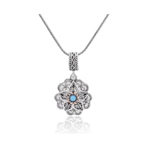 Firuze Taşlı Gül Model Oksitli 925 Ayar Gümüş Telkari Kadın Kolye 201025652