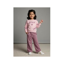Uğur Bebe Kız Çocuk Eşofman Takımı Stitch Desenli %100 Pamuk Pembe Pudra Renk Geniş Paça 2 Li Spor Takım Şık Kombin Pembe Pudra Pembe Pudra