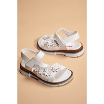 Şirin Genç Ortopedik Beyaz Çiçekli Kız Çocuk Sandalet 1058