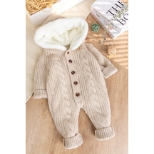 Babymod Triko Örgü Welsoft Astarlı Kapişonlu Kışlık Kız Erkek Bebek Tulum Bej