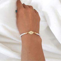 Y Harfine Özel Oval Motifli 14 Ayar Altın Plakalı Doğal Beyaz Derili Hediye Bileklik-529harf Y