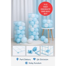 3 Lü Mavi Plastik Grid Box Seti Dekoratif Balon Kutusu Baby Shower & Doğum Günü Süsü
