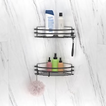 Teknotel Yapışkanlı Kancalı 2'Li Banyo Köşe Rafı Mat Siyah St207H Siyah